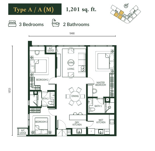 Type A floor plan — 1,201 sq.ft