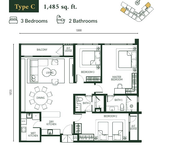 Type C floor plan — 1,485 sq.ft