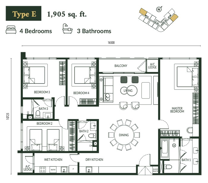 Type E floor plan — 1,905 sq.ft